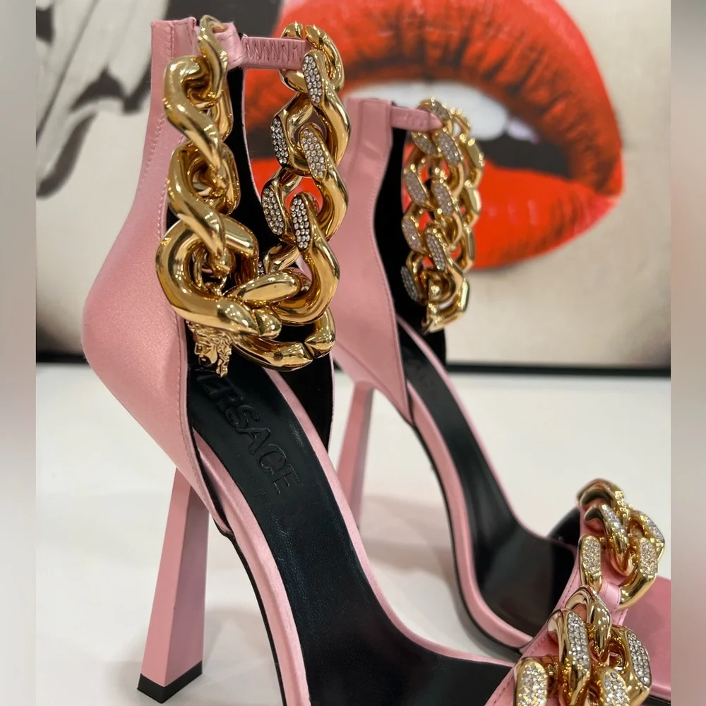 VERSACE Charm Crystal Chain High-Heel Sandals in PInk IT39/US9